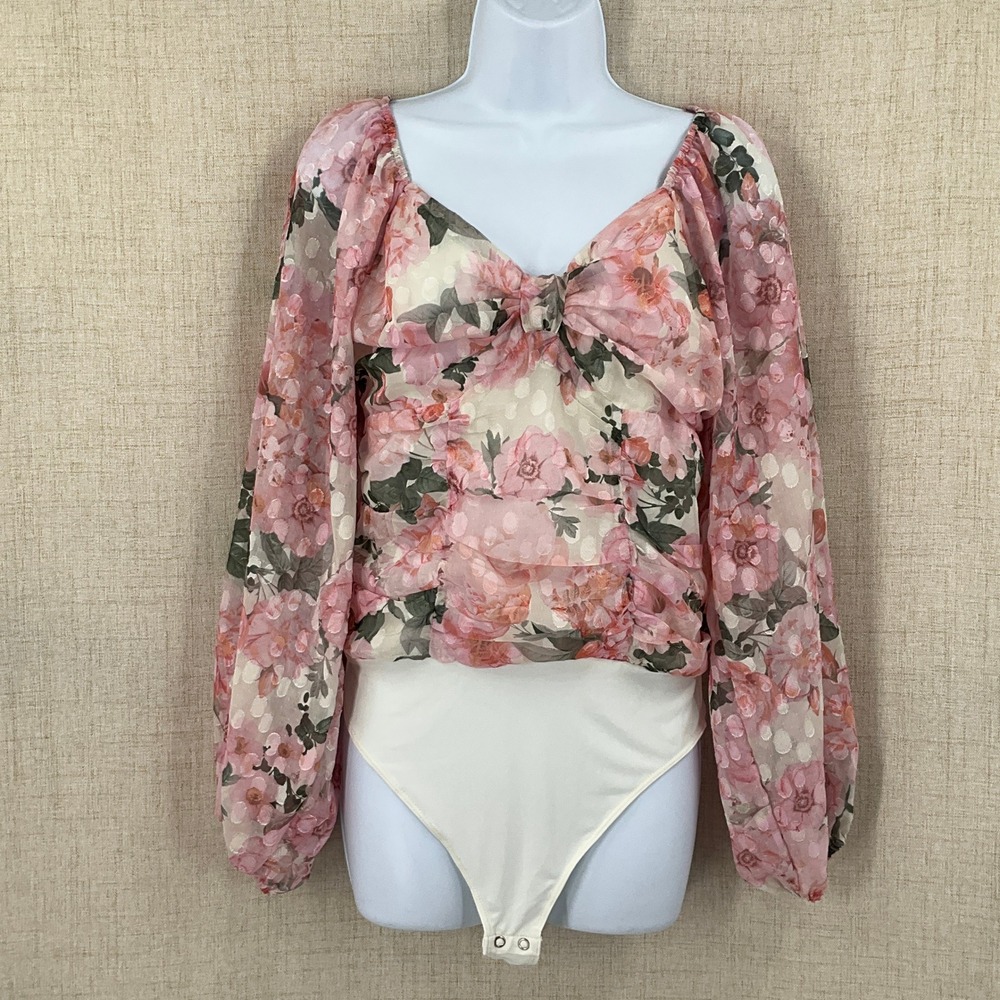 Express Pink Floral Mesh Balloon Sleeve Ruched Smocked Bodysuit‎ Sz M Bohemian
